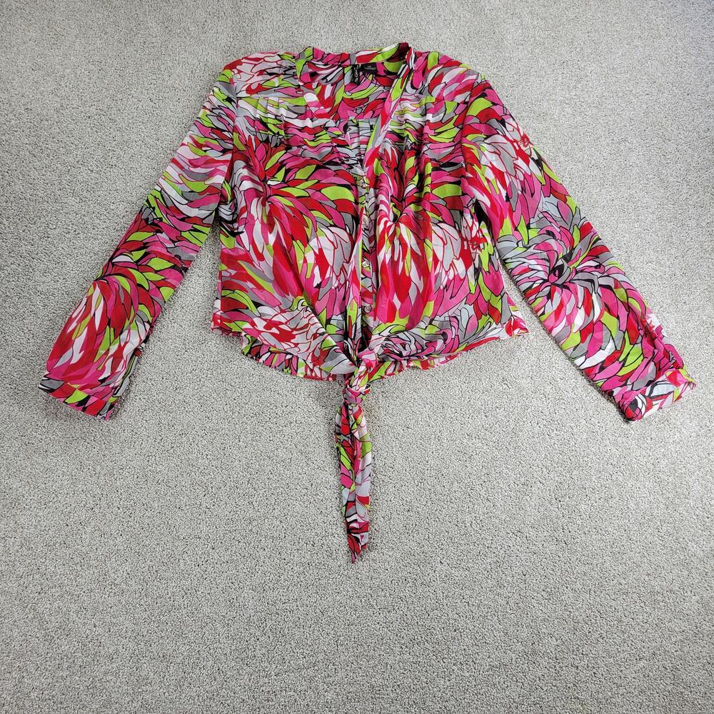 Nue Options Bloluse Womens PXL Pink Green Abstract Floral Button Up Tie Hem Fun